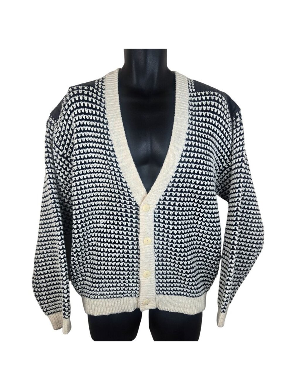 Vintage 80s Mens XL Black White Knit Cardigan Sweater Leather Shoulder Patches
